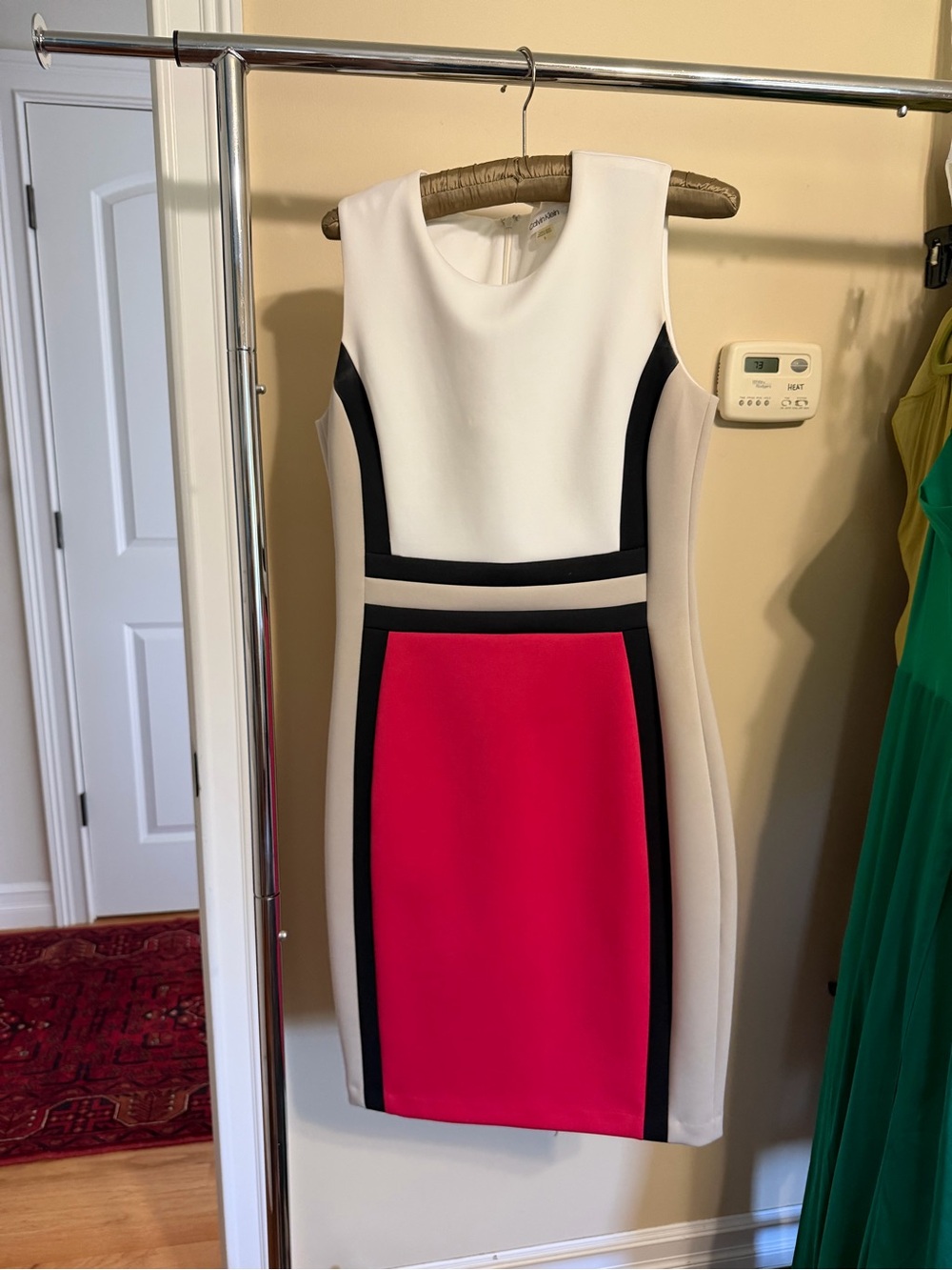 Calvin Klein White, Pink and Black Sleeveless Sheath Dress